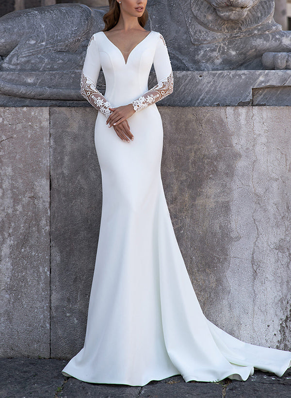 Sheath/Column V-Neck Long Sleeves Sweep Train Wedding Dresses Aino Sheath/Column V-Neck Long Sleeves Sweep Train Wedding Dresses Aino