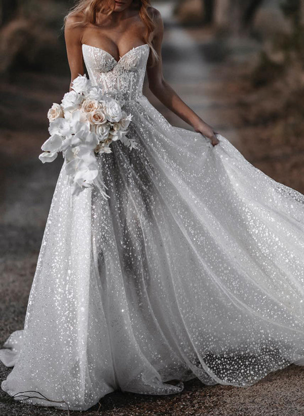 Sparkly Sequined Sweetheart Lace A-Line Wedding Dresses Aino Sparkly Sequined Sweetheart Lace A-Line Wedding Dresses Aino