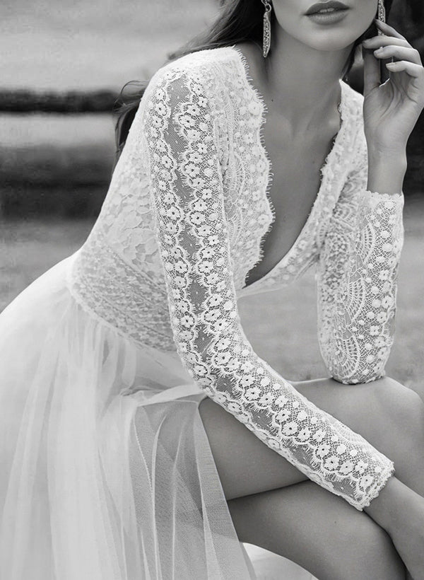 A-Line V-Neck Long Sleeves Court Train Chiffon/Lace Wedding Dresses With Split Front