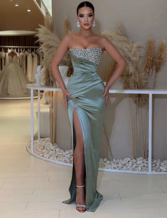 Elegant Green Prom Dresses Strapless Party Evening Dress Pleats Thigh Slit Formal Long Special Occasion dress