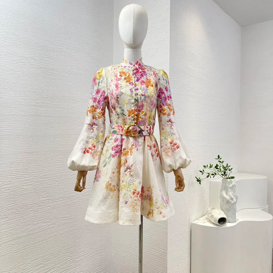 Linen  Summer Fall Collection Women Full Lantern Sleeve Belted Elegant Buttons White Mini Dress for Holiday