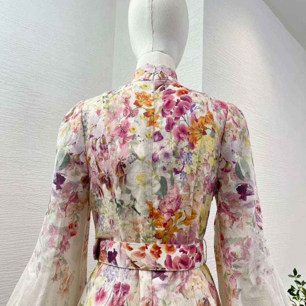 Linen  Summer Fall Collection Women Full Lantern Sleeve Belted Elegant Buttons White Mini Dress for Holiday