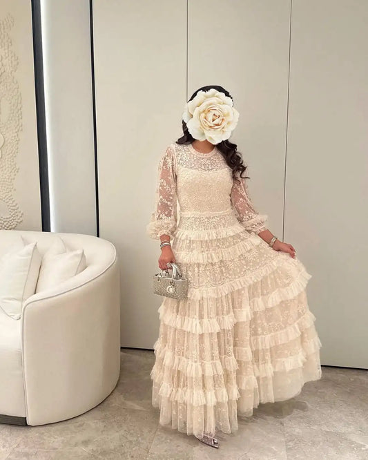 Long Sleeves  O-Neck Lace Floor Length Pleated Party Dresses Evening Dresses