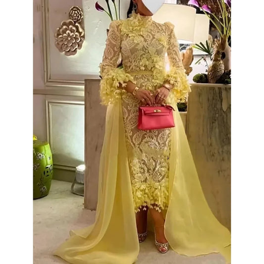 Yellow three piece lace 3D three-dimensional floral high neck long sleeved side swept ball skirt