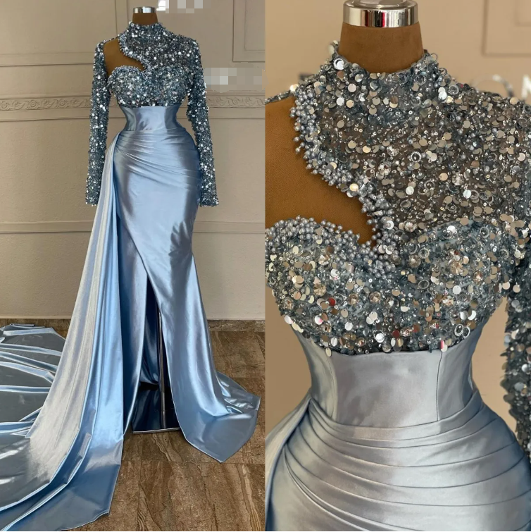 Sexy Sky Blue Mermaid Evening Dresses Sequins High Neck Long Sleeves Formal Party Prom Dress Pleats Dresses for special occasion
