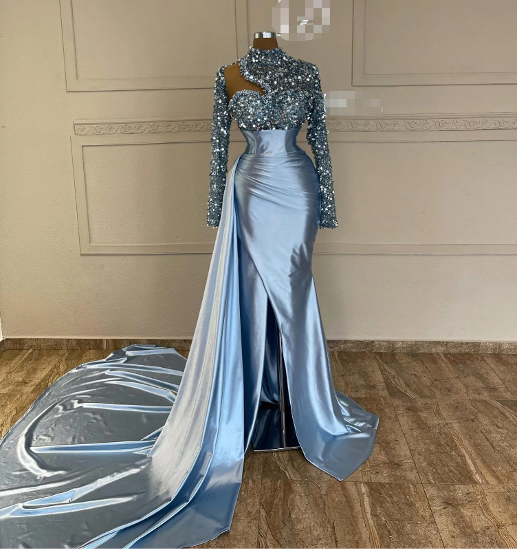 Sexy Sky Blue Mermaid Evening Dresses Sequins High Neck Long Sleeves Formal Party Prom Dress Pleats Dresses for special occasion