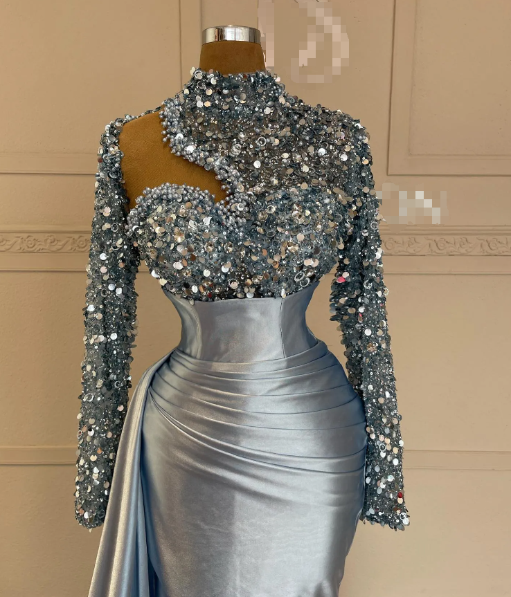 Sexy Sky Blue Mermaid Evening Dresses Sequins High Neck Long Sleeves Formal Party Prom Dress Pleats Dresses for special occasion