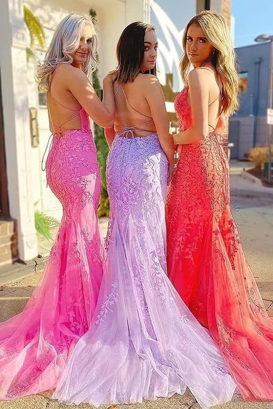 Sheath/Column Square Neckline Sleeveless Court Train Lace Prom Dress With Appliques Lace