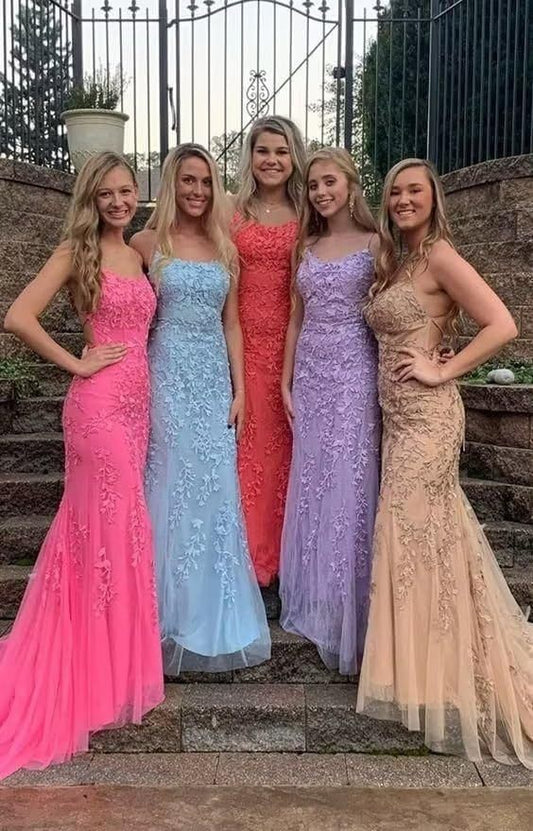 Sheath/Column Square Neckline Sleeveless Court Train Lace Prom Dress With Appliques Lace