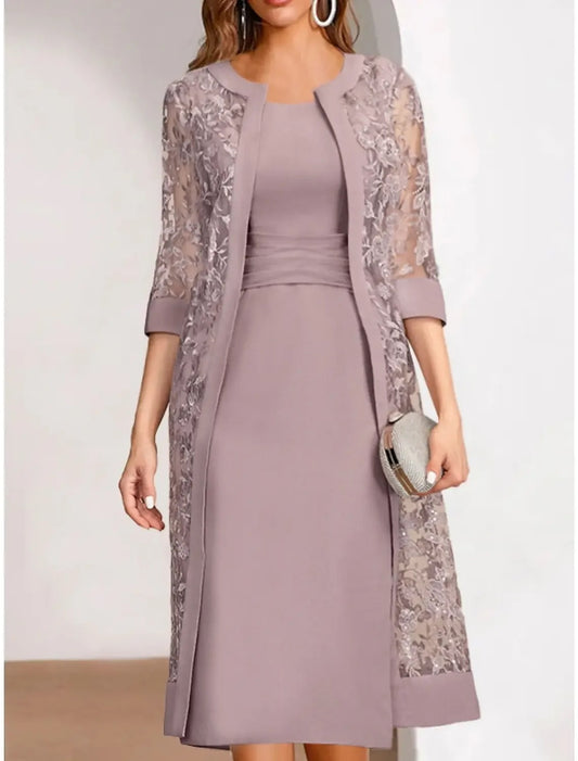2-piece tight fitting/cylindrical round long sleeved chiffon bridal gown