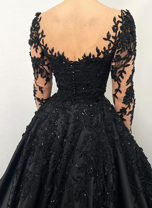 A-Line Illusion Neck Long Sleeves Sweep Train Lace/Satin Wedding Dresses