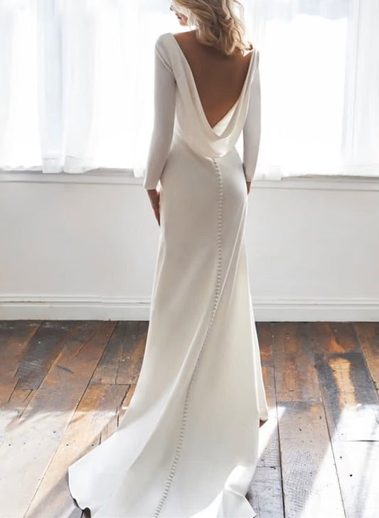 Cowl Back Elegant Long Sleeves Wedding Dresses With Mermaid Elastic Satin