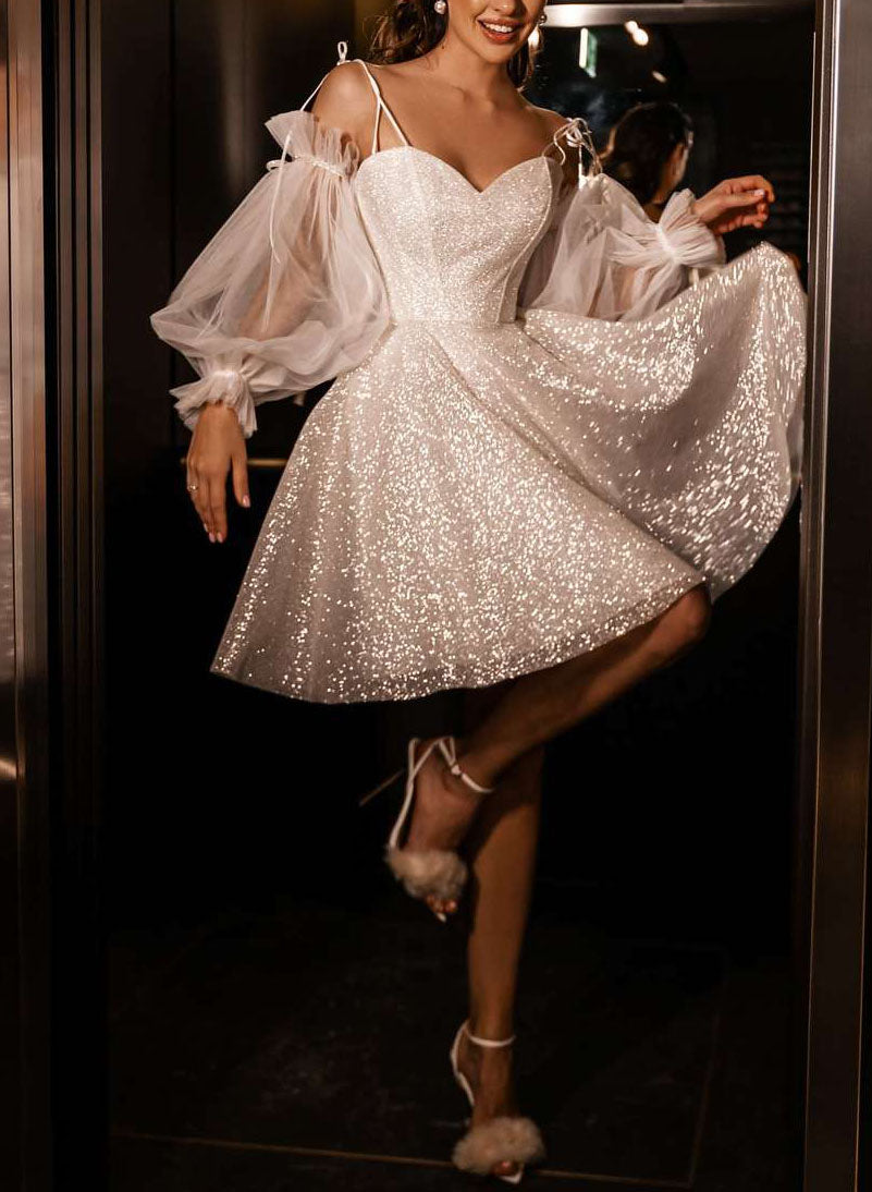 Sequined Detachable Long Sleeves Short Wedding Dresses