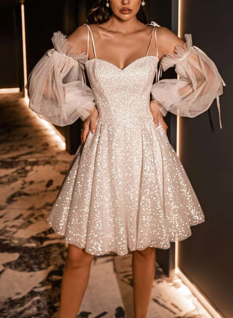Sequined Detachable Long Sleeves Short Wedding Dresses