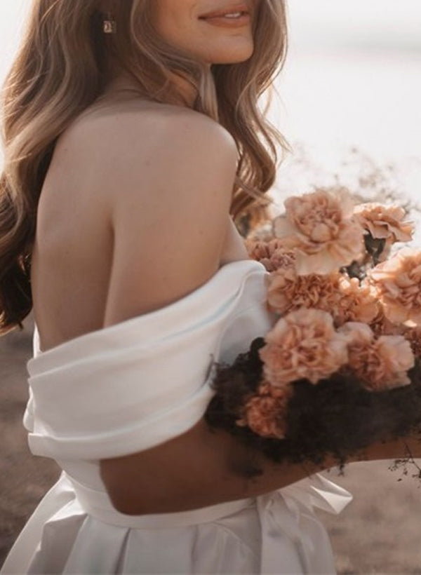 A-Line Off-The-Shoulder Sleeveless Satin Court Train Wedding Dress