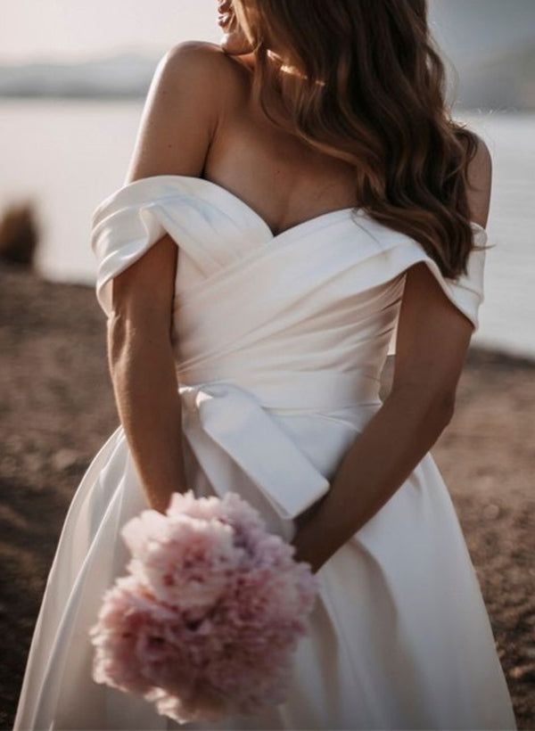A-Line Off-The-Shoulder Sleeveless Satin Court Train Wedding Dress