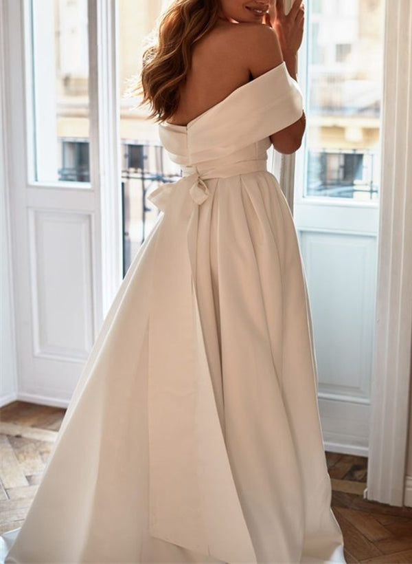 A-Line Off-The-Shoulder Sleeveless Satin Court Train Wedding Dress