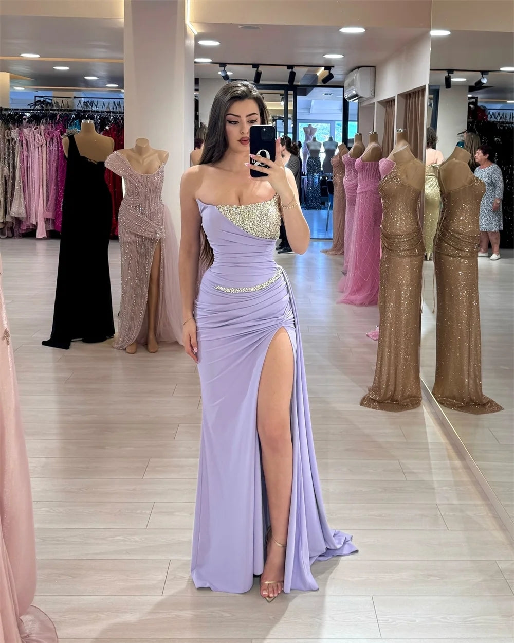 Beading Strapless High Slit Mermaid Prom Dresses