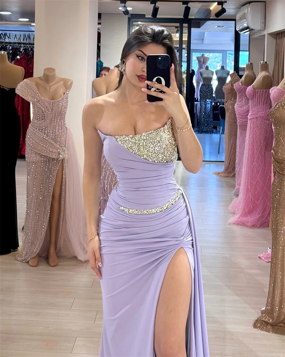 Beading Strapless High Slit Mermaid Prom Dresses