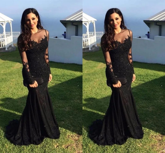 Trumpet/Mermaid Illusion Neck Sweep Train Prom Dresses With Appliques Lace