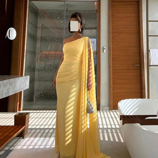 Unique Riched One-Shoulder Chiffon Prom Dresses With Shoulder Side Drape