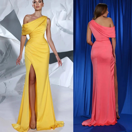 Asymmetrical Neck Matte Satin Sheath/Column Beading Prom Dresses