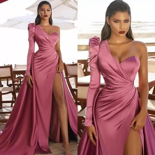 Sheath/Column One-Shoulder Long Sleeves Satin Evening Dress With High Split