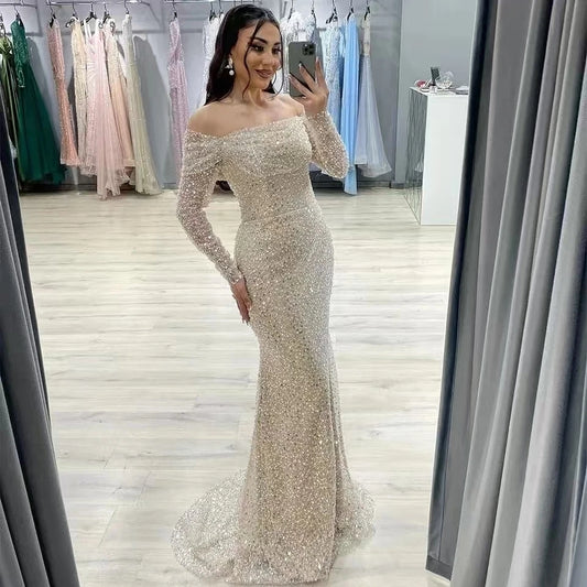 Off-The-Shoulder Long Sleeves Sequined Prom Dresses