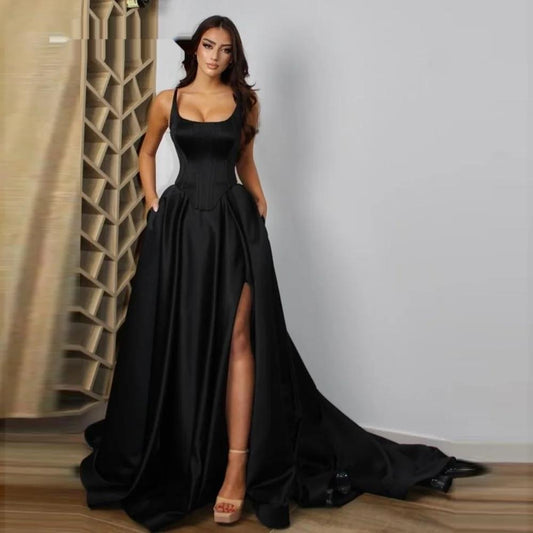 A-Line Square Neckline Sleeveless Satin Prom Dresses With Pockets