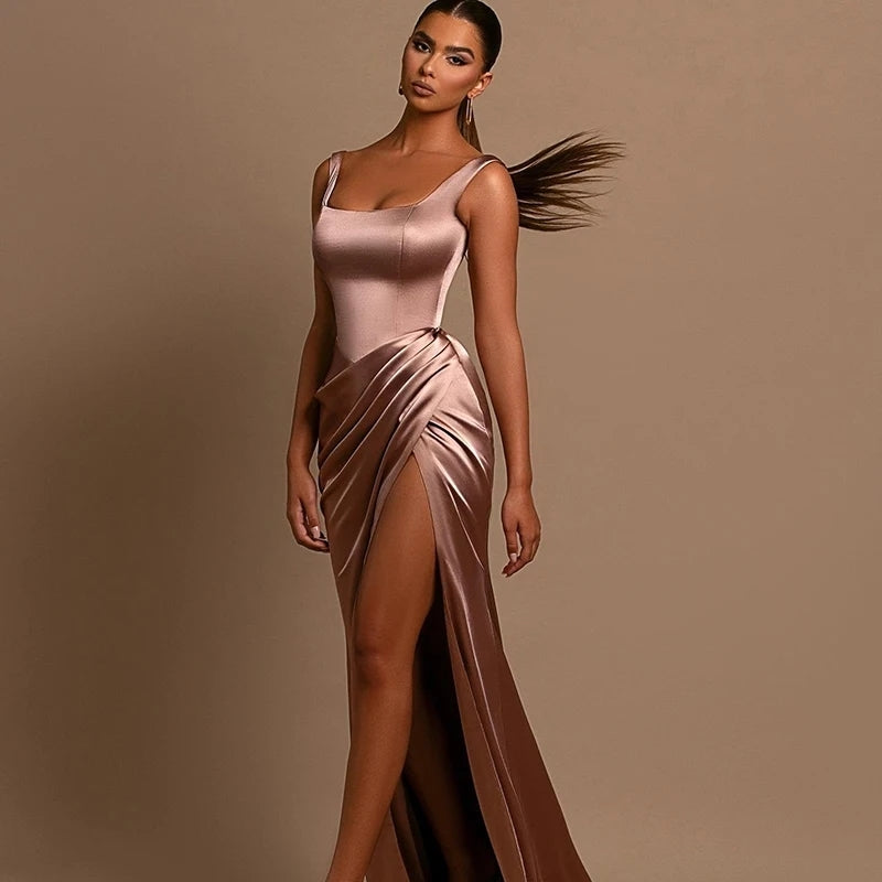 Sheath/Column Halter Charmeuse Prom Dresses With High Split #SPD11022