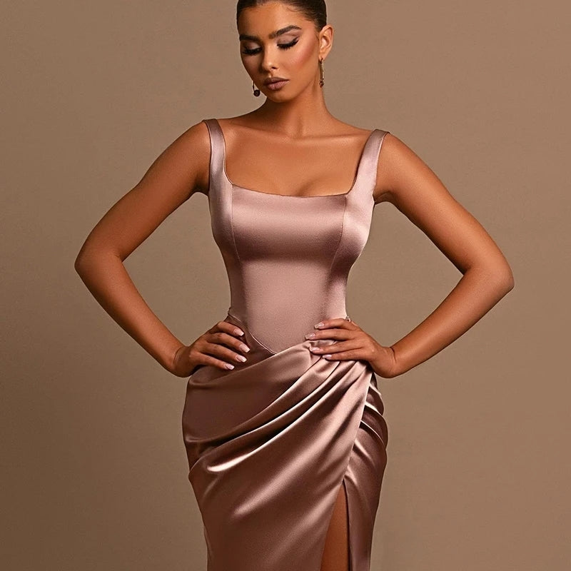 Sheath/Column Halter Charmeuse Prom Dresses With High Split #SPD11022