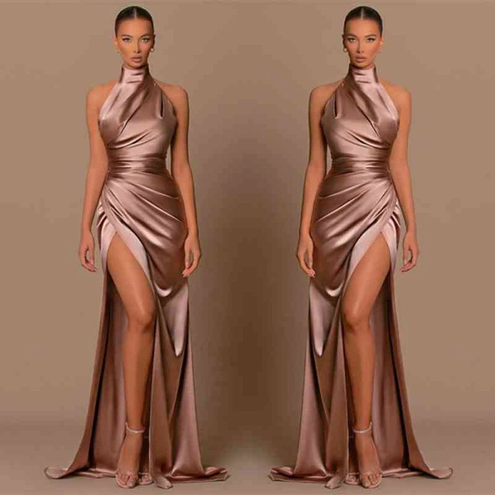 Sheath/Column Halter Charmeuse Prom Dresses With High Split #SPD11022