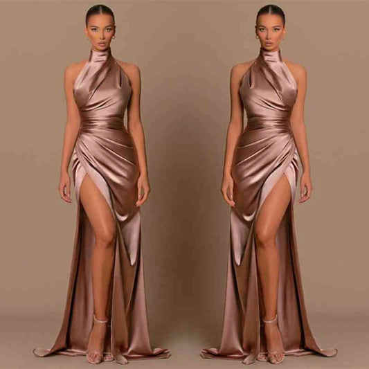 Sheath/Column Halter Charmeuse Prom Dresses With High Split #SPD11022