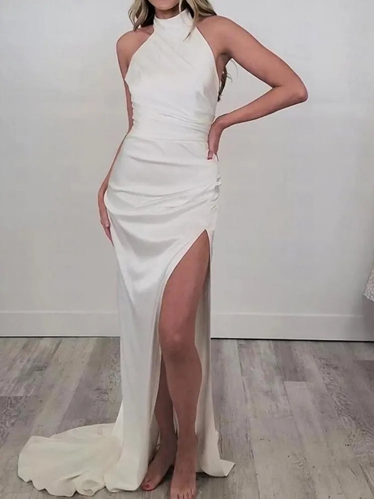 Sheath/Column Halter Charmeuse Prom Dresses With High Split #SPD11022