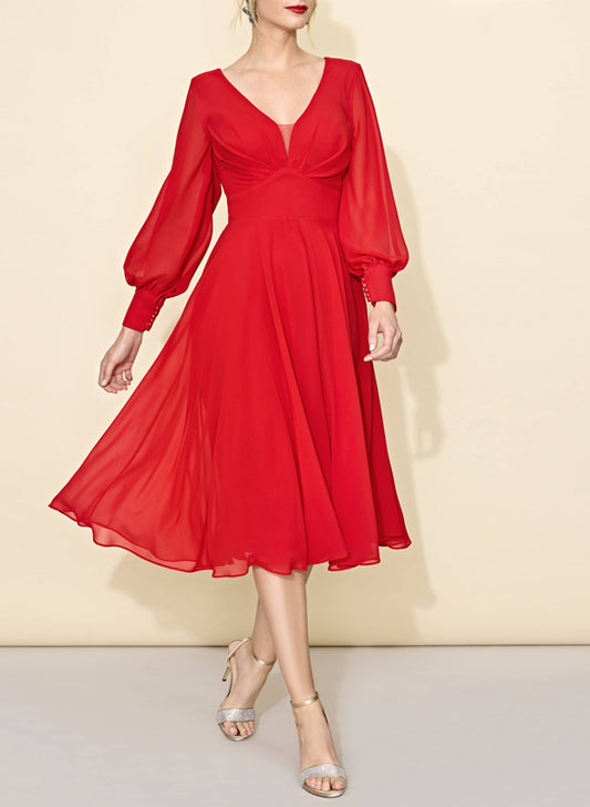 A-Line V-Neck Long Sleeves Knee-Length Chiffon Cocktail Dresses
