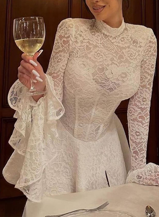 A-Line Long Sleeves Short/Mini Lace Cocktail Dresses With Bow(s)