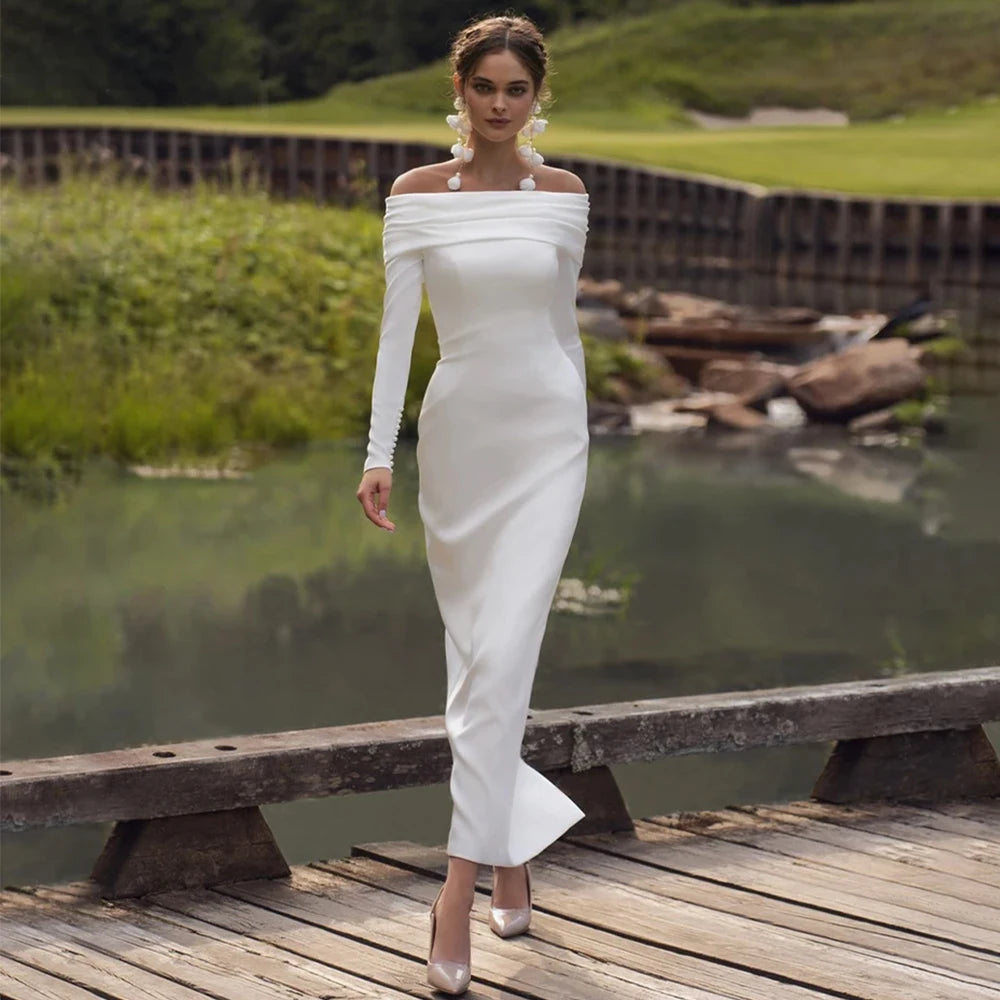 Sheath/Column Off-The-Shoulder Silk Like Satin Cocktail Dresses With Beading