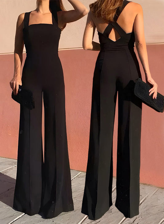 Classic Black Square Neckline Open Back Jumpsuit/Pantsuit With Elastic Satin