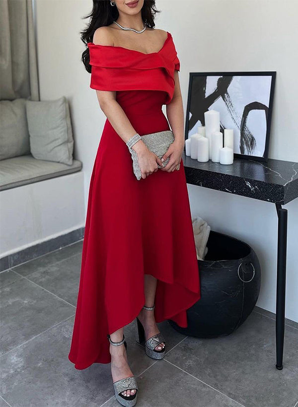 A-Line Off-The-Shoulder Sleeveless Asymmetrical Matte Satin(Non-Stretch) Evening Dresses