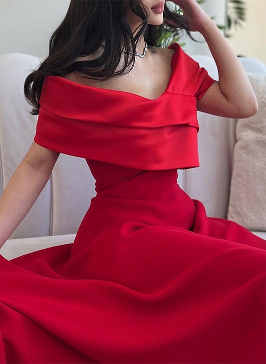 A-Line Off-The-Shoulder Sleeveless Asymmetrical Matte Satin(Non-Stretch) Evening Dresses