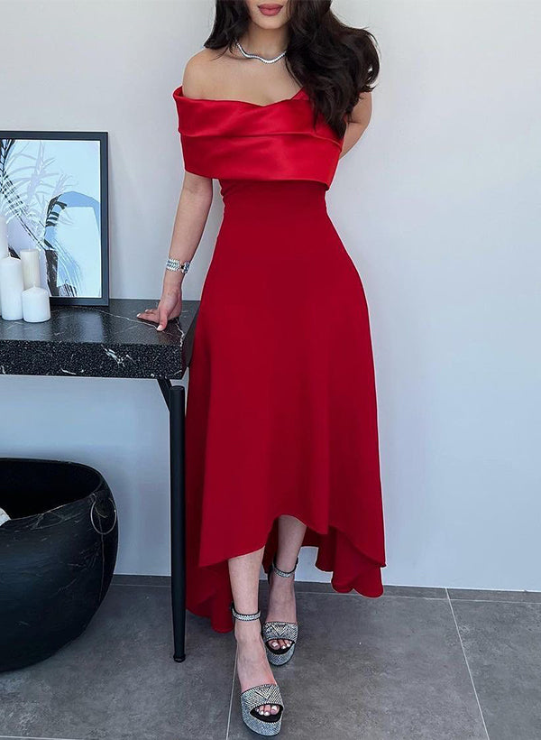 A-Line Off-The-Shoulder Sleeveless Asymmetrical Matte Satin(Non-Stretch) Evening Dresses