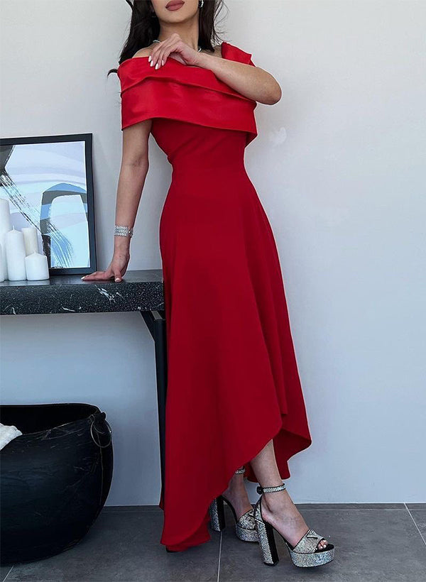 A-Line Off-The-Shoulder Sleeveless Asymmetrical Matte Satin(Non-Stretch) Evening Dresses