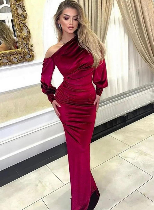Velvet Asymmetrical Neck Long Sleeves Sheath/Column Evening Dresses