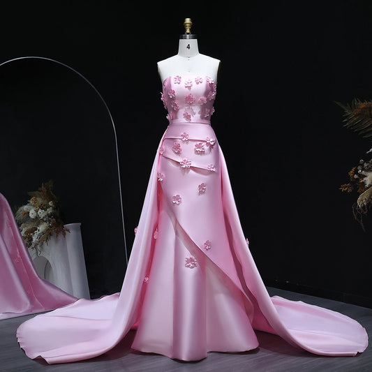 Sharon Said Dubai Pink 3D Flowers Mermaid Evening Dress with Detachable Overskirt Women Wedding Party Gowns