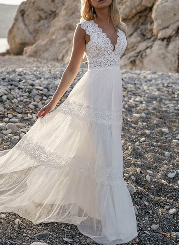 A-Line V-Neck Sleeveless Sweep Train Lace Wedding Dresses