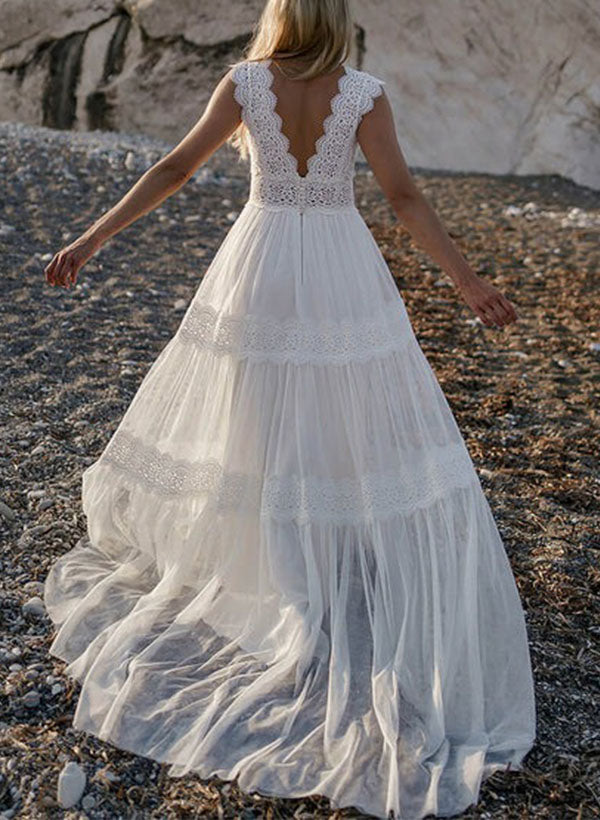 A-Line V-Neck Sleeveless Sweep Train Lace Wedding Dresses