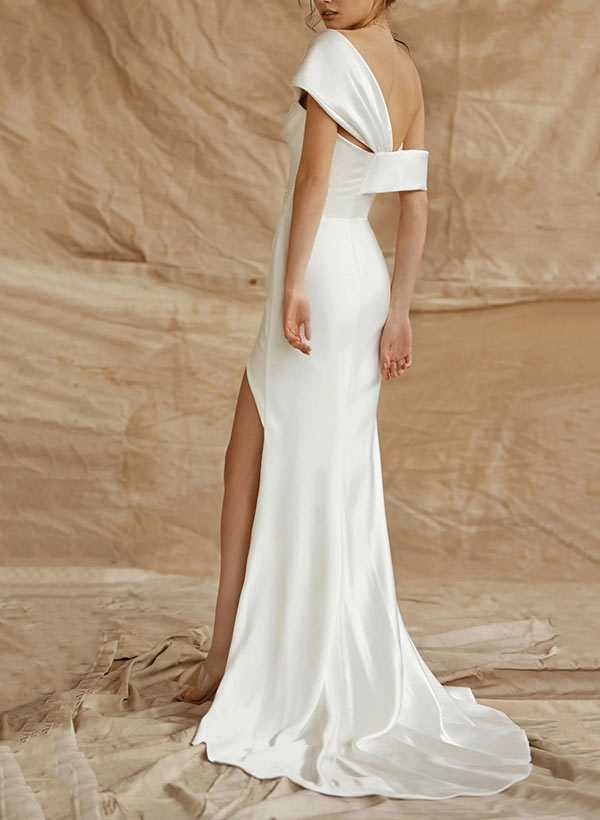 Sheath/Column Sleeveless Sweep Train Silk Like Satin Wedding Dresses