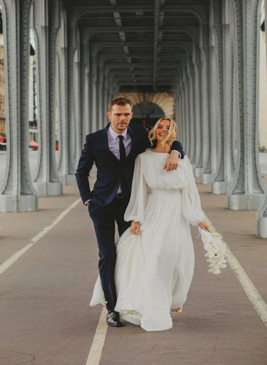 A-Line Scoop Neck Long Sleeves Chiffon Floor-Length Wedding Dress