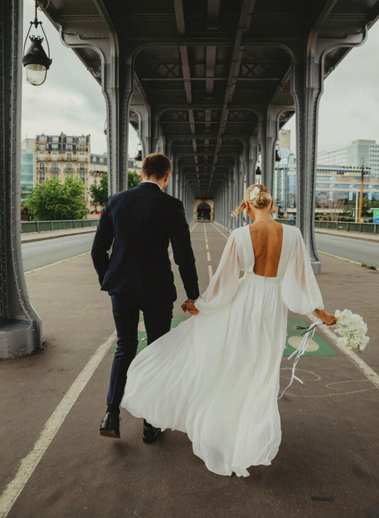 A-Line Scoop Neck Long Sleeves Chiffon Floor-Length Wedding Dress