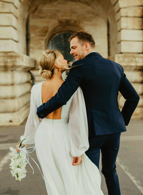 A-Line Scoop Neck Long Sleeves Chiffon Floor-Length Wedding Dress